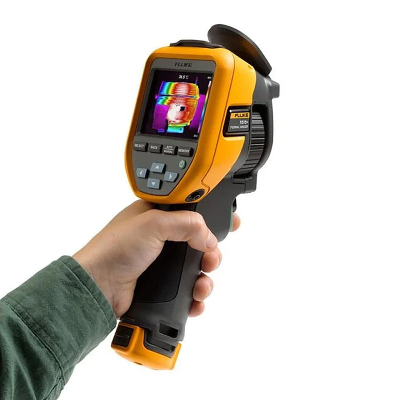 Fluke TiS75+ thermal camera capturing a blended IR-Fusion image of electrical equipment