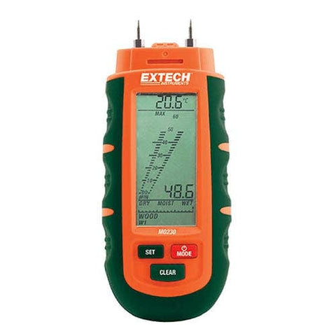 Extech MO230 pocket moisture meter with large dual graphical LCD and replaceable contact pins