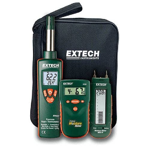 Extech MO280-KW water damage restoration kit with MO280 pinless meter, MO210 pocket meter and RH490 hygro-thermometer