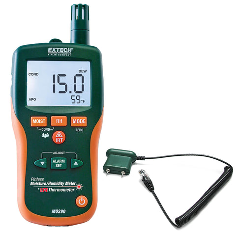 Extech MO290-NISTL pinless moisture psychrometer and infrared thermometer with remote pin probe
